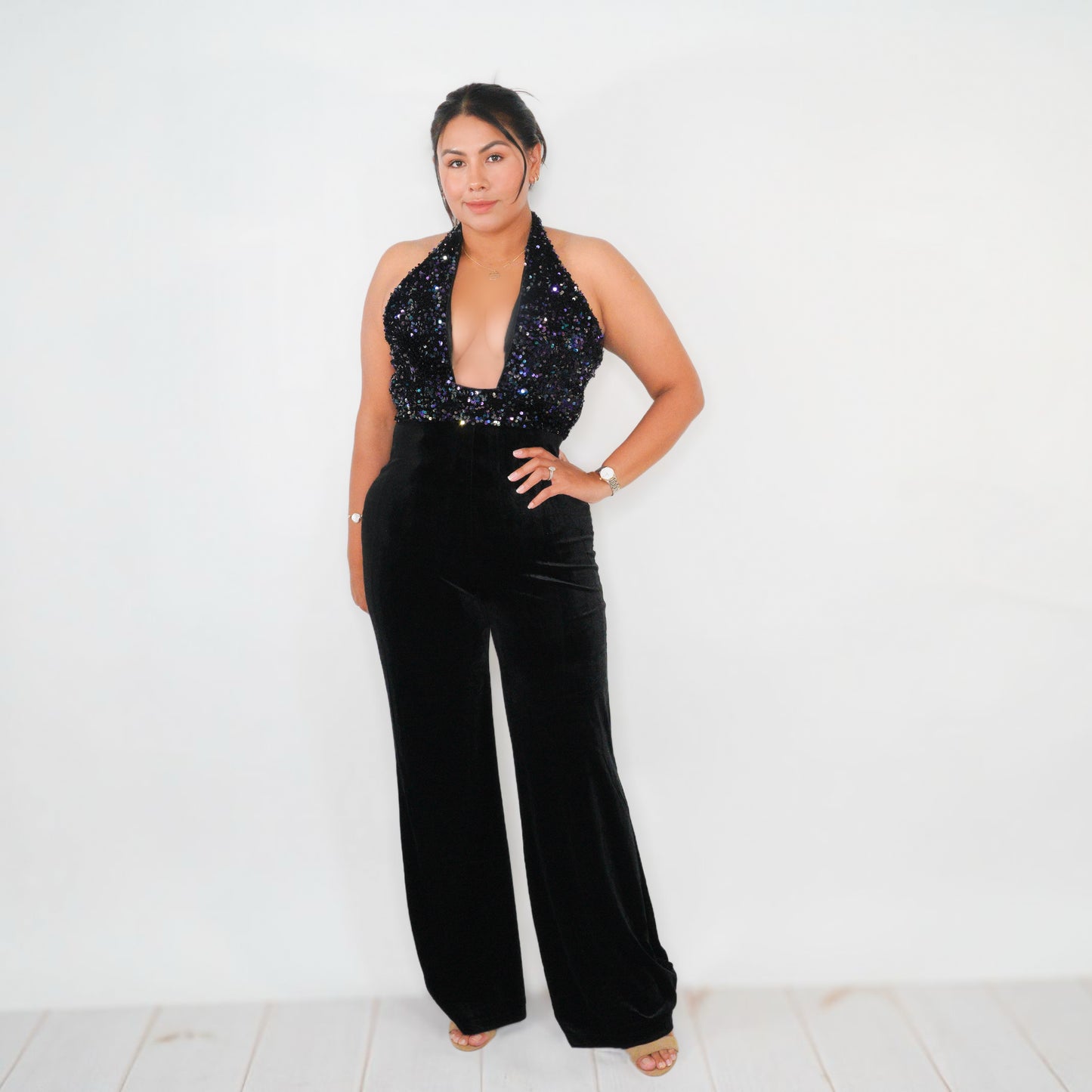 Sequin Halter Velvet Jumpsuit