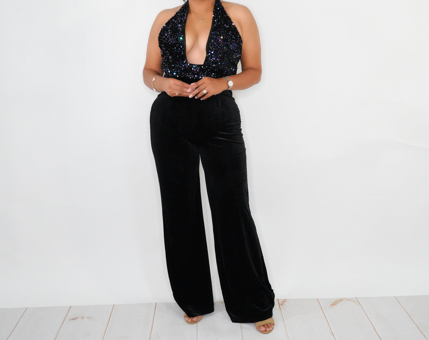 Sequin Halter Velvet Jumpsuit