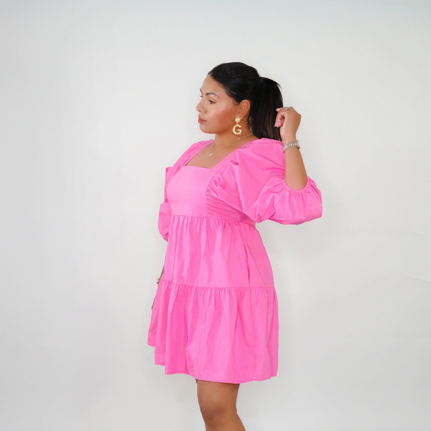 Fuchsia Glam Puff Sleeve Dress”
