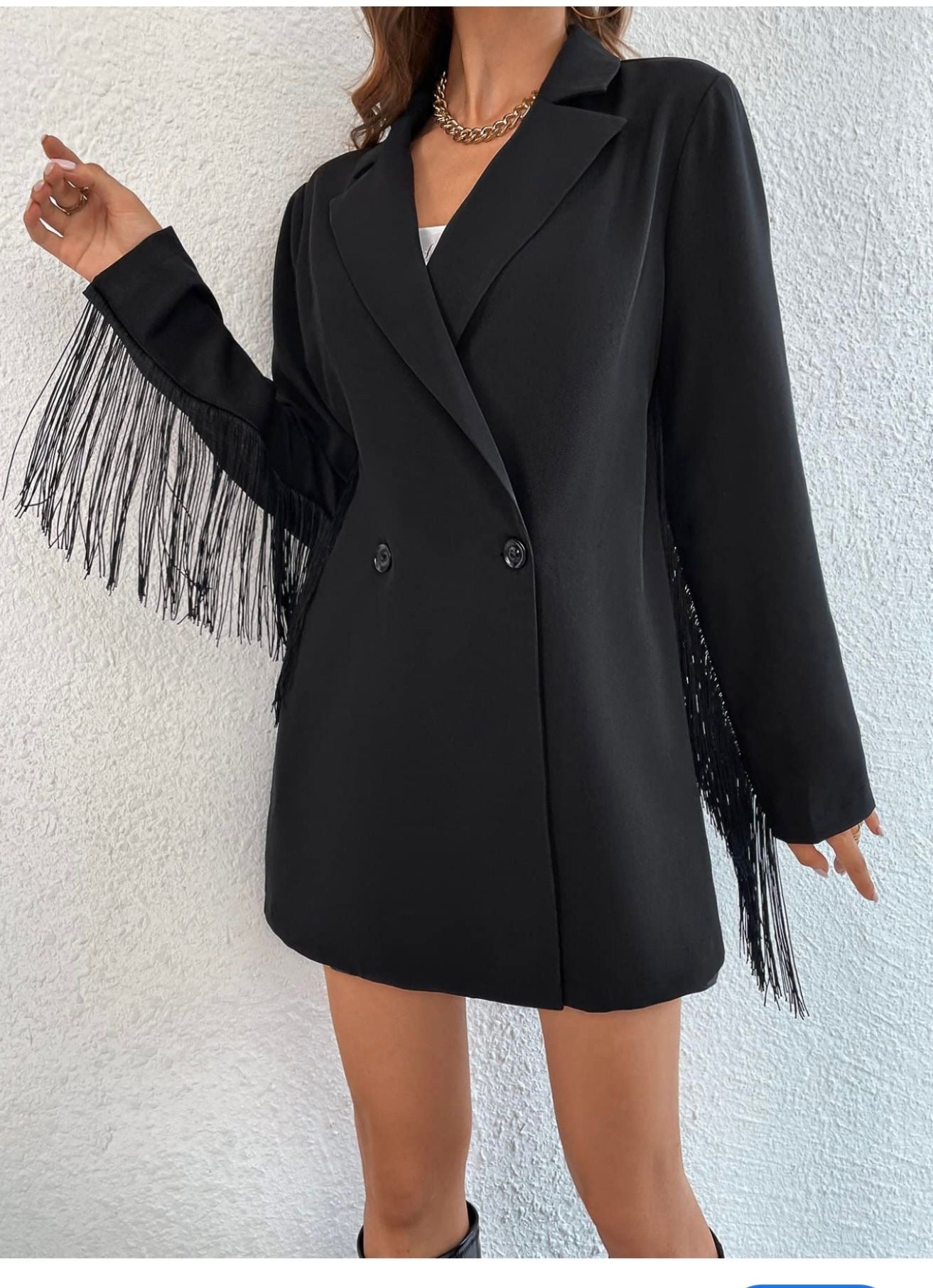 Black Blazer Dress with Fringe Detail
