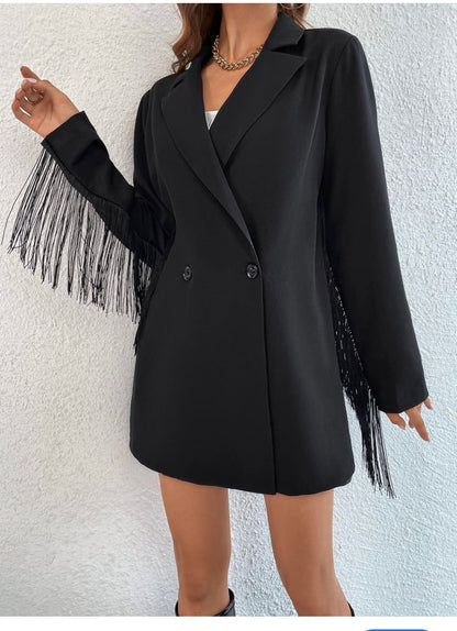 Black Blazer Dress with Fringe Detail