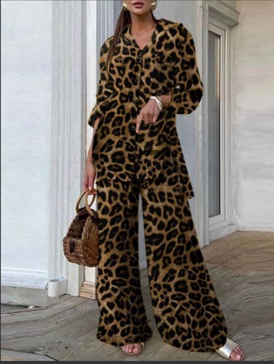 Leopard Print Button-Up Two-Piece Set