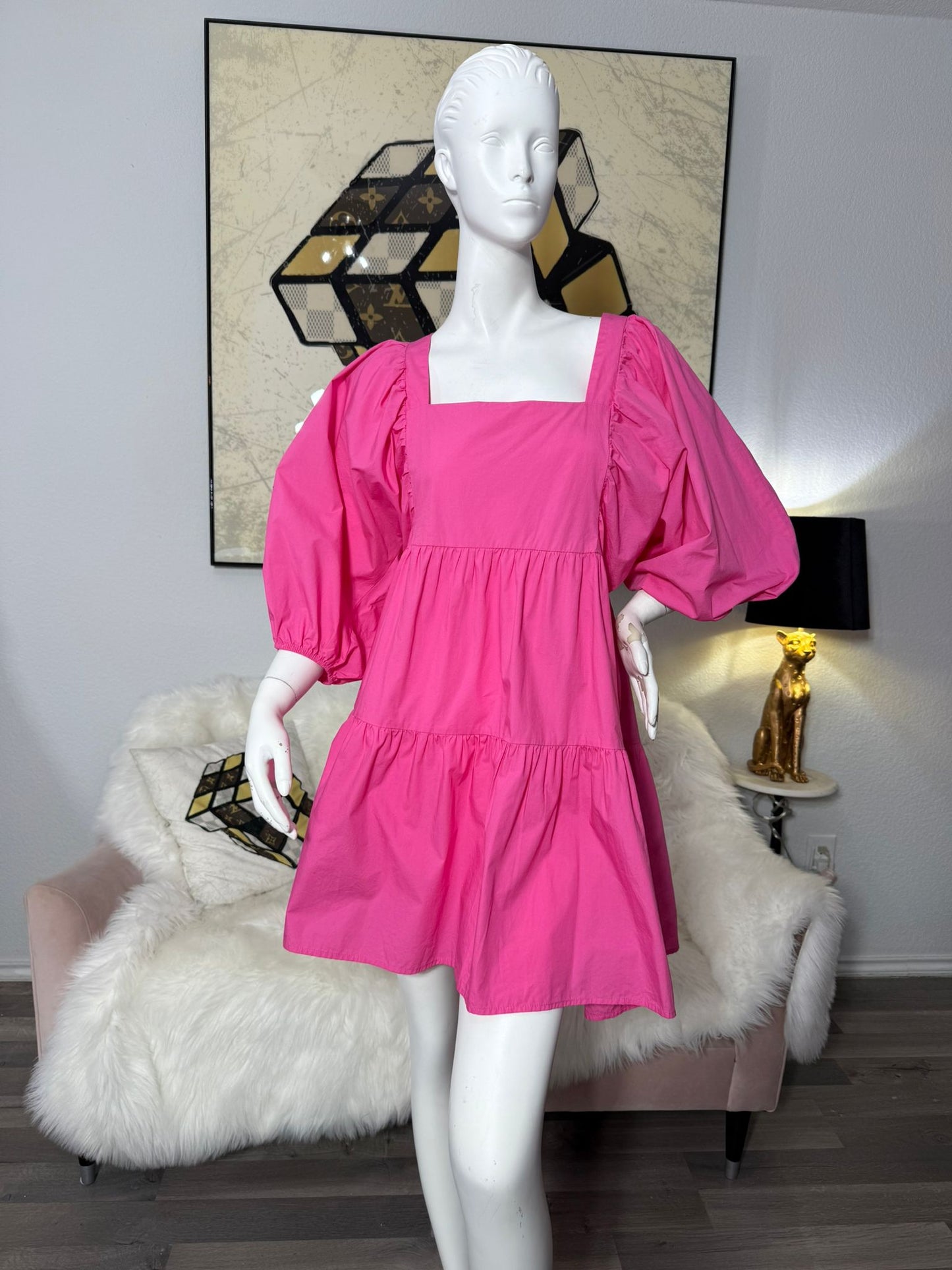 Pink Puff Sleeve Mini Dress