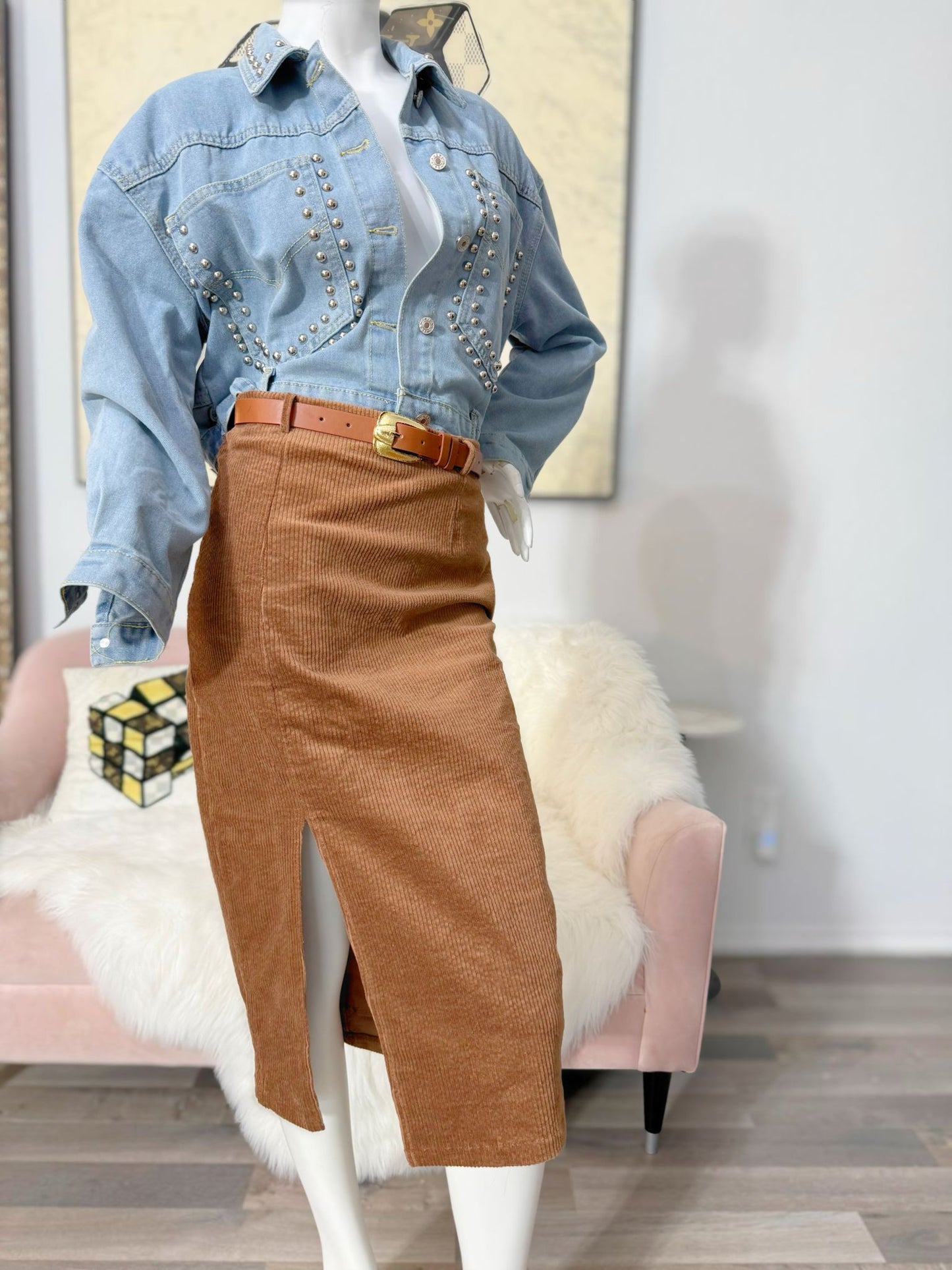 Belted Slit Corduroy Skirt