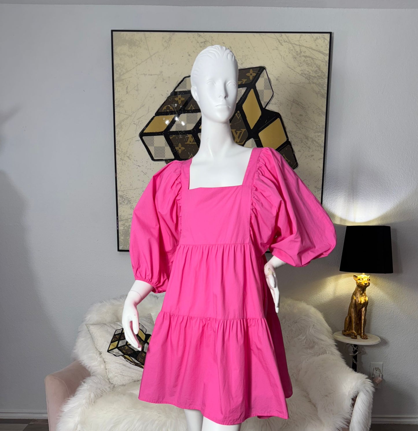 Pink Puff Sleeve Mini Dress