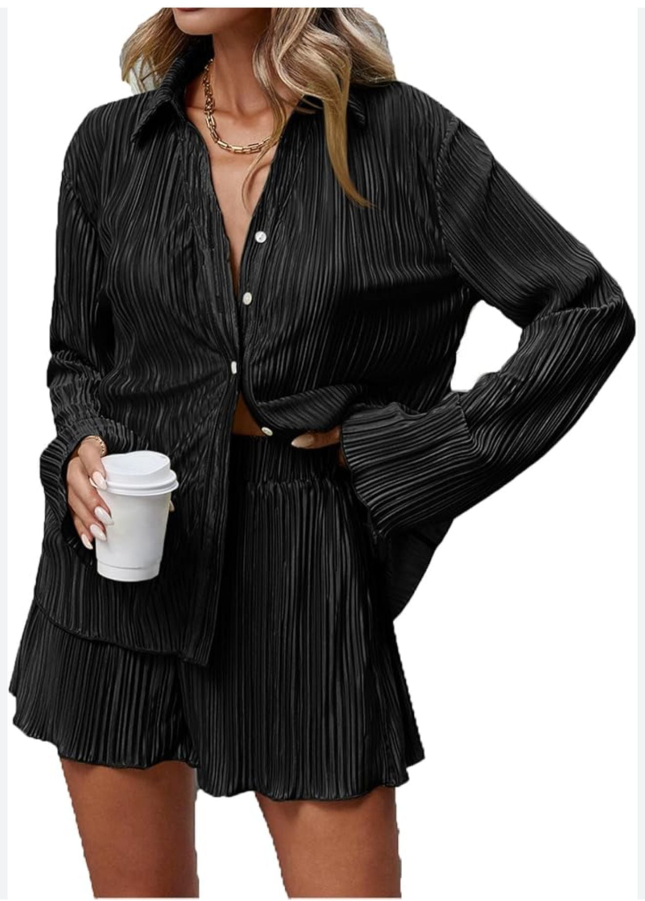 Women's 2 Piece Sets Dressy Plisse Bell Sleeve Button Down Shirt and Short Set