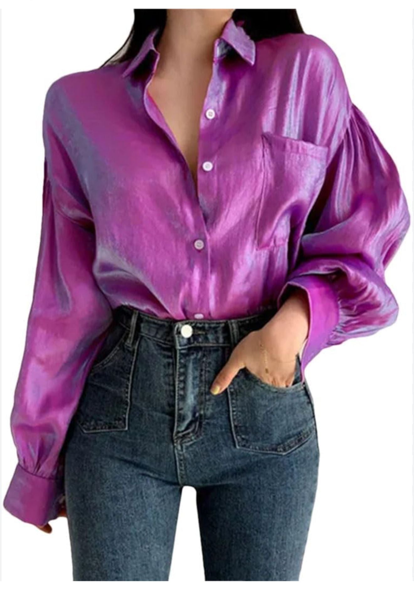 Womens Solid Shirts Lapel Button Casual Puff Sleeve Party Cocktails