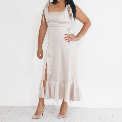 Champagne Satin Midi Dress with Tie Straps