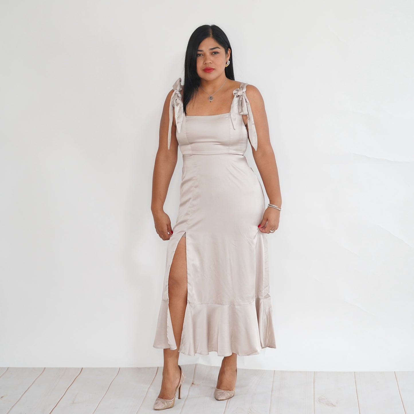 Champagne Satin Midi Dress with Tie Straps