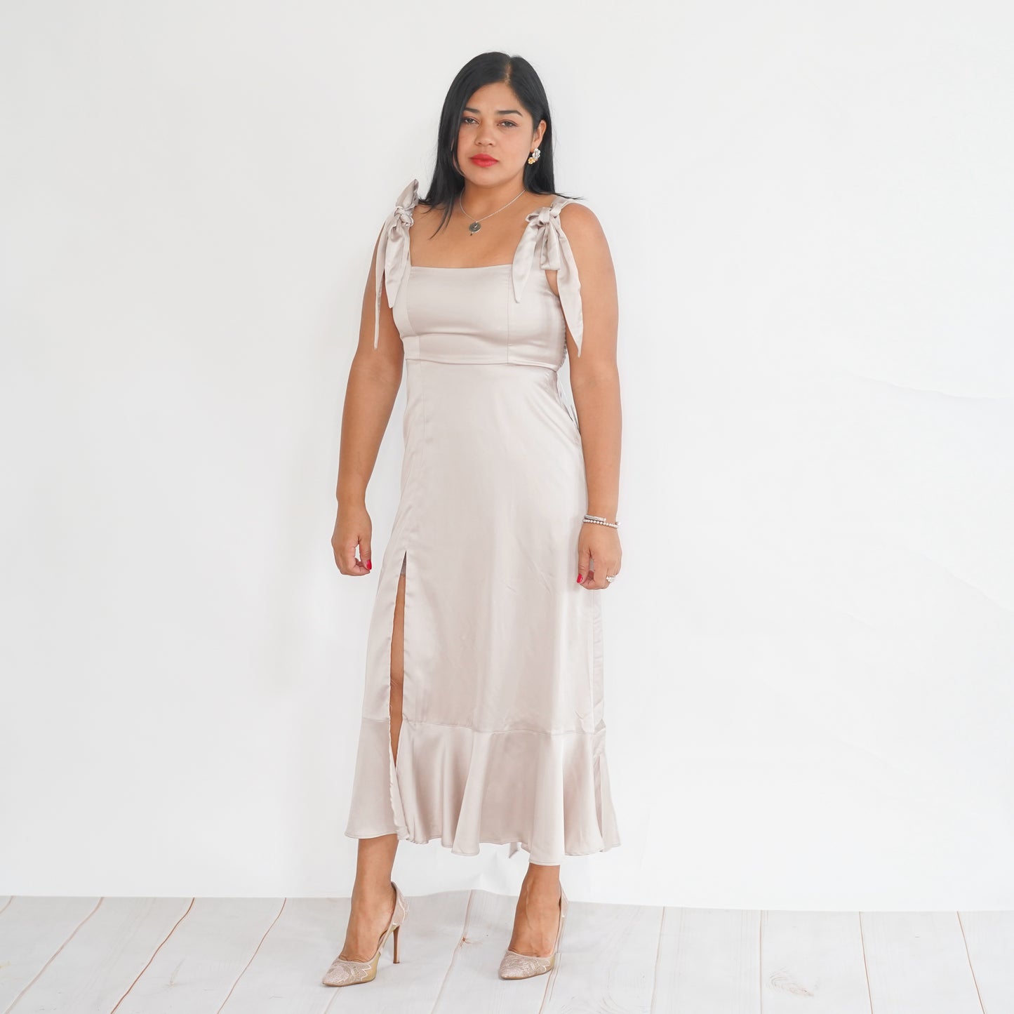 Champagne Satin Midi Dress with Tie Straps