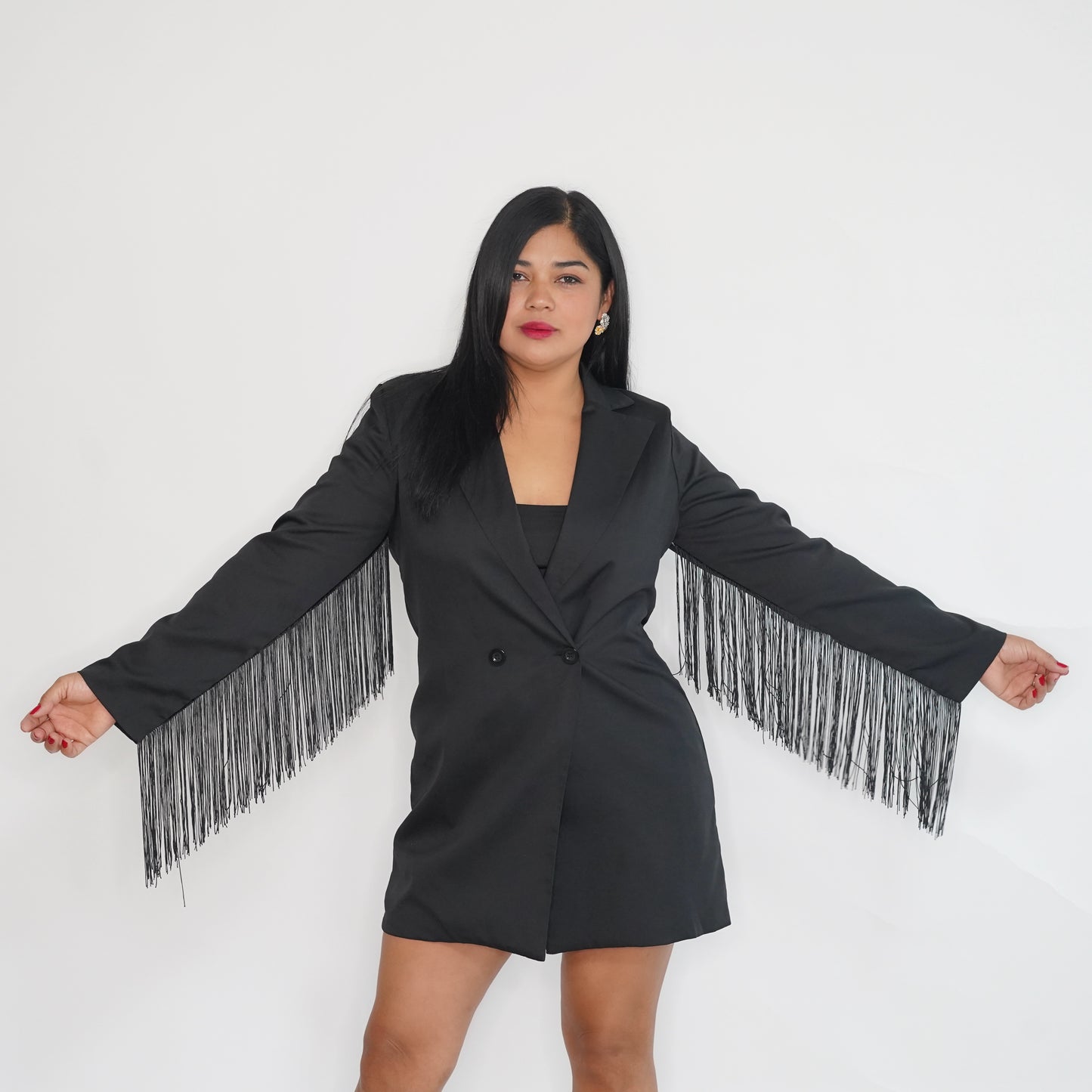 Black Blazer Dress with Fringe Detail