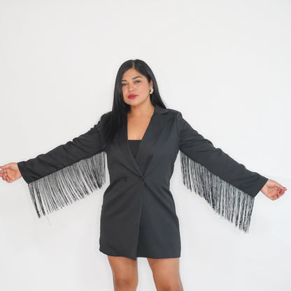 Black Blazer Dress with Fringe Detail