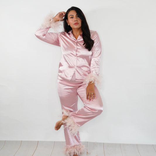 Feather Trim Satin Pajama Set