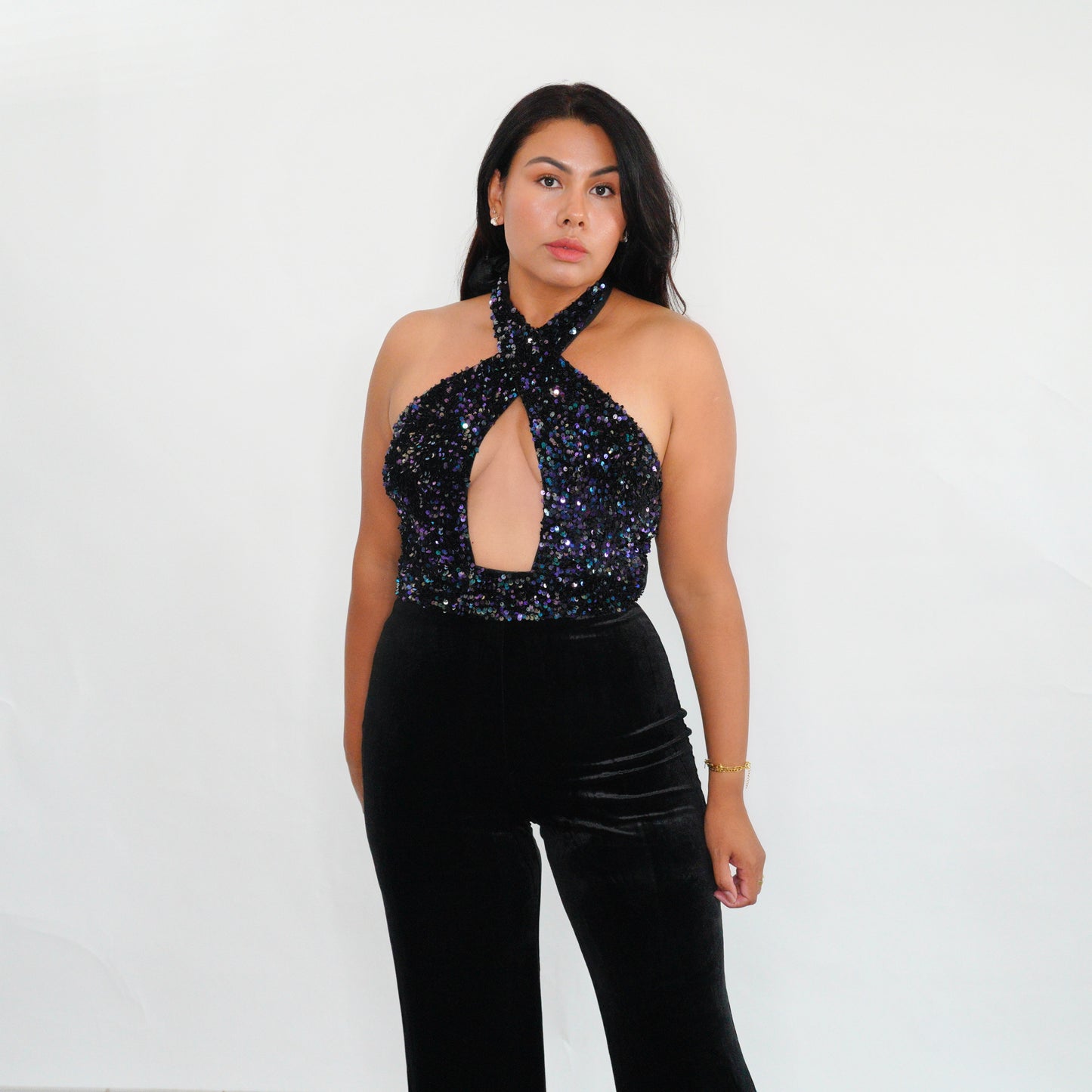Sequin Halter  Velvet Jumpsuit