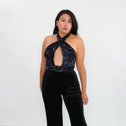Sequin Halter  Velvet Jumpsuit