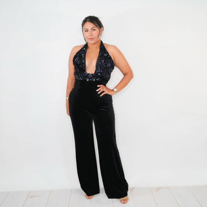 Sequin Halter  Velvet Jumpsuit