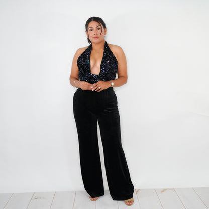 Sequin Halter  Velvet Jumpsuit
