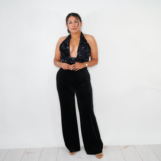 Sequin Halter  Velvet Jumpsuit