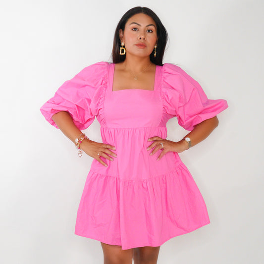 Fuchsia Glam Puff Sleeve Dress”