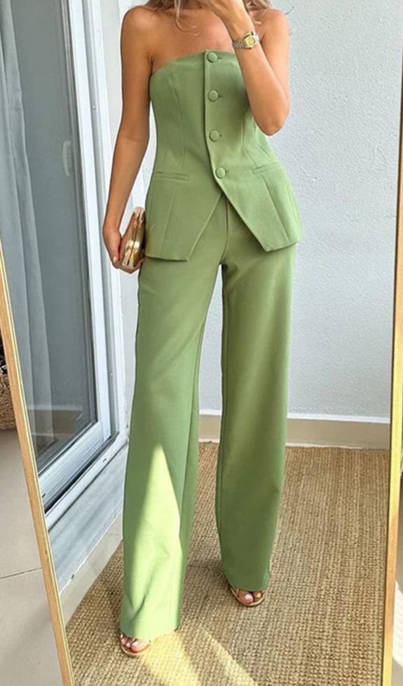 Strapless Buttoned Blazer and Wide-Leg Pants Set