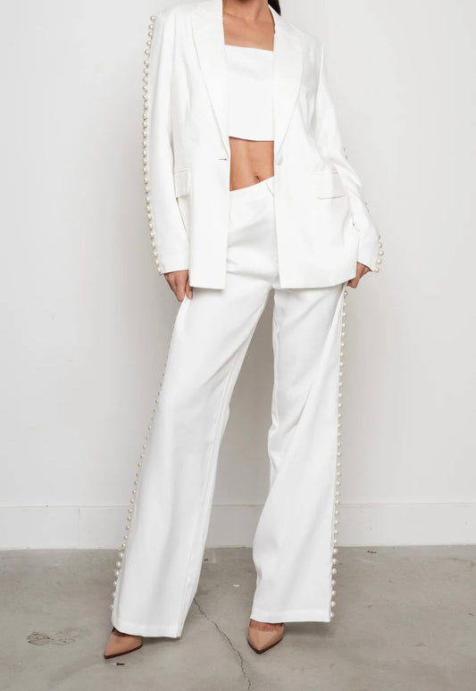 3pcs Top Pants and Jacket Set with Pearl Trim white