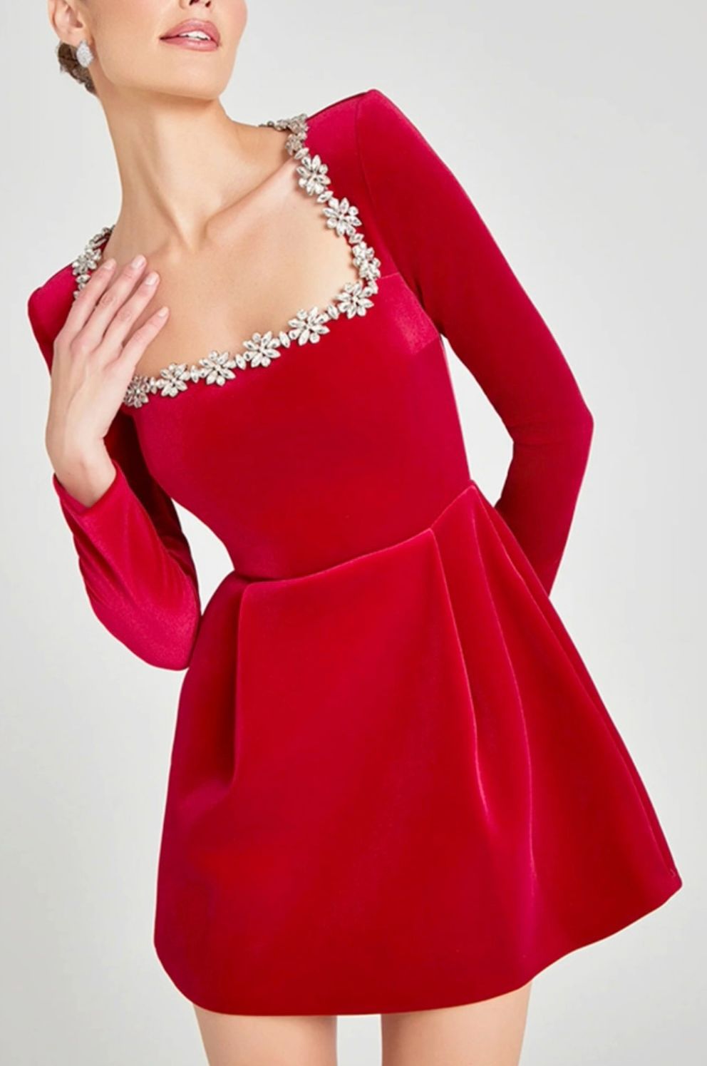 Elegant Square Neck Rhinestone Velvet Dress