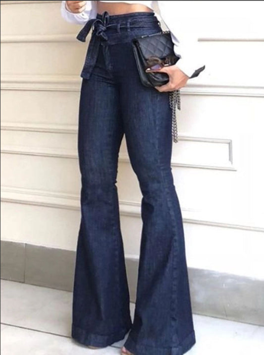 Flared Pants High Waisted Solid Color Tied Waist Jean Pants Bottoms