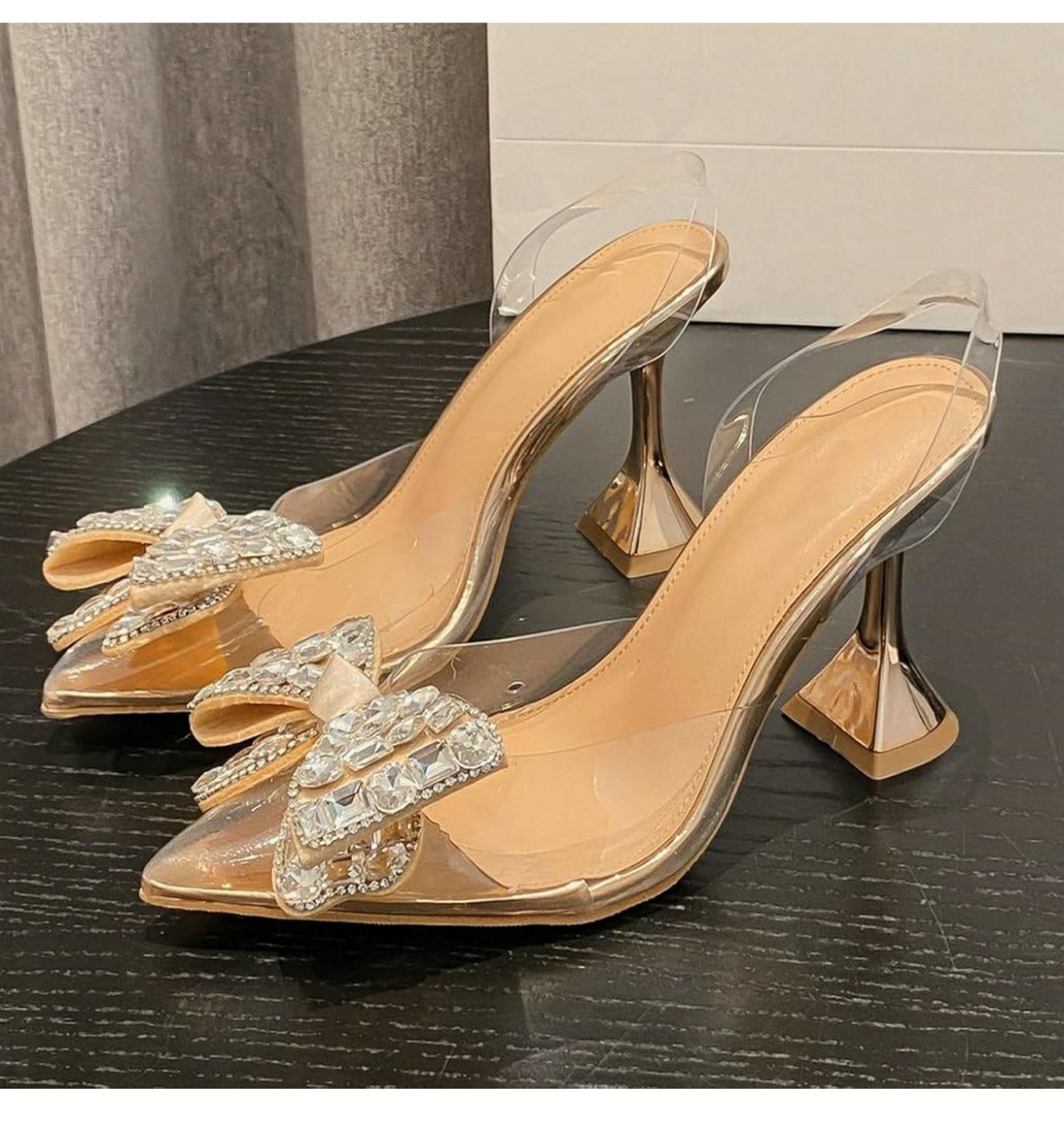 Womens Bow Rhinestone Pointed Toe Slingback Heels Clear Slingback Pumps