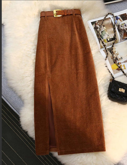 Belted Slit Corduroy Skirt