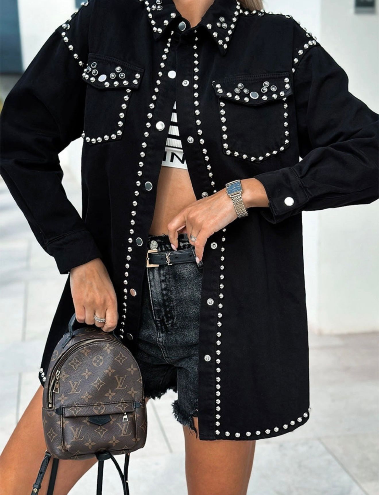 Studded Long-Sleeve Button-Up Jacket