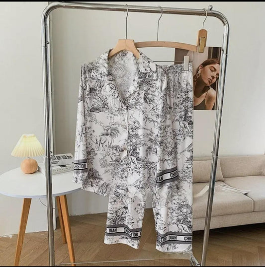 Satin Floral Print Long Sleeve Long Pants Homewear Set