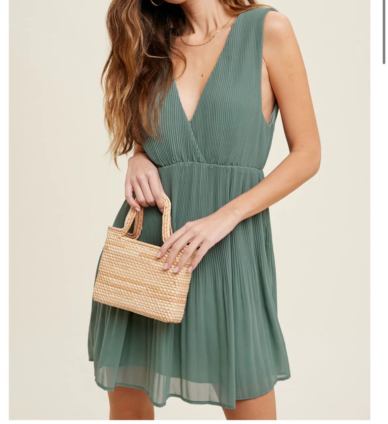 Pistachio Pleated Mini Dress With Self Back Tie