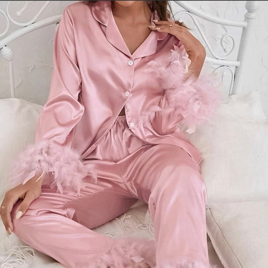 Feather trim satin pajama set